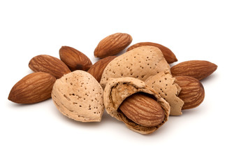 Almond nut in shell and shelled isolated on white background close up