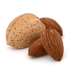 Almond nut in shell and shelled isolated on white background close up