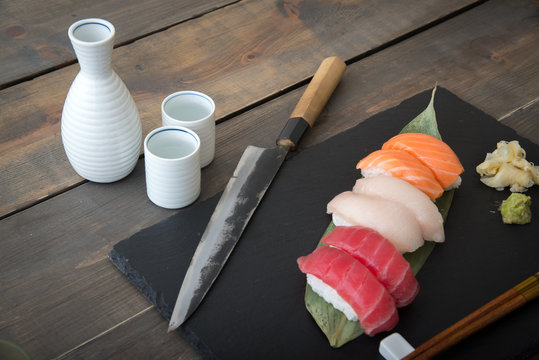 sushi platter with sashimi knife