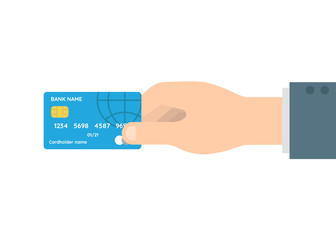 Hand holding credit card on the isolated white background. Flat design illustration.