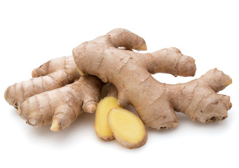 Fresh ginger root or rhizome isolated on white background cutout