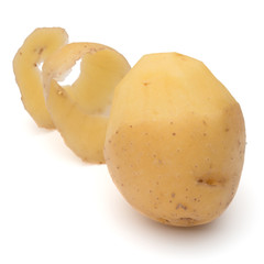 peeled potato tuber with peel spiral isolated on white background cutout
