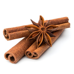 cinnamon stick and star anise spice isolated on white background closeup