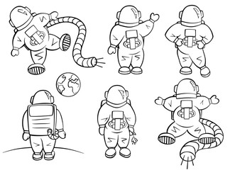 Cute astronaut set in cartoon style. A variety of same spaceman character in different positions, action, emotions.