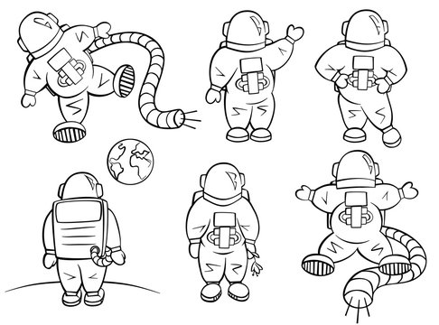 Cute Astronaut Set In Cartoon Style. A Variety Of Same Spaceman Character In Different Positions, Action, Emotions.