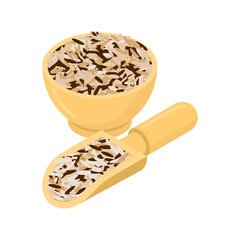 Wild rice in wooden bowl and spoon. Groats in wood dish and shovel. Grain on white background. Vector illustration