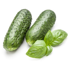 Cucumber vegetable and basil leaves isolated on white background cutout