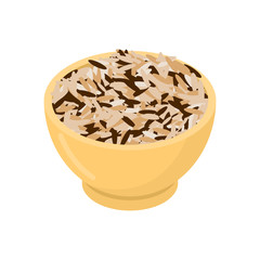 Wild rice in wooden bowl isolated. Groats in wood dish. Grain on white background. Vector illustration