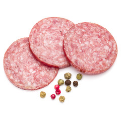 Salami smoked sausage three slices and peppercorns isolated on white background cutout