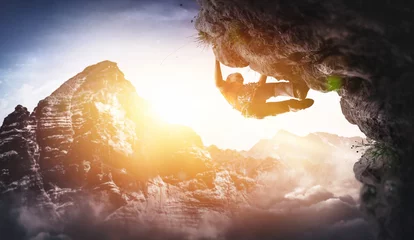 Foto auf Acrylglas Bergsteigen Freikletterer klettert Überhang Free Solo