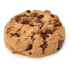 One Chocolate chip cookie isolated on white background. Sweet biscuit. Homemade pastry.