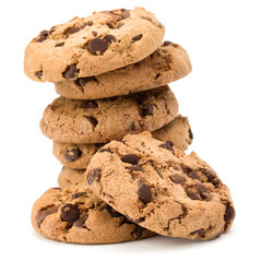 Stacked Chocolate chip cookies isolated on white background. Sweet biscuits. Homemade pastry.