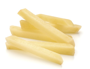 Raw Potato sliced strips prepared for French fries isolated on white background