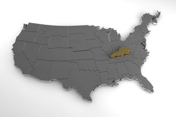 United States of America, 3d metallic map, with Kentucky state highlighted. 3d render
