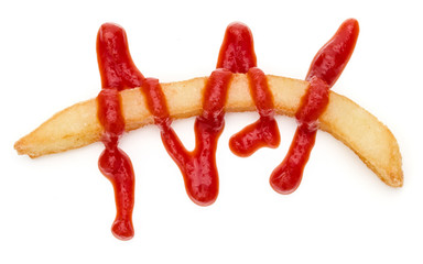 French Fried Potatoes with ketchup isolated on white background