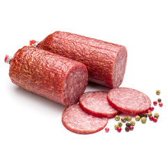 Salami smoked sausage and peppercorns isolated on white background cutout