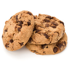 Three Chocolate chip cookies isolated on white background. Sweet biscuits. Homemade pastry.