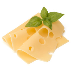 Cheese and basil leaves isolated on white background