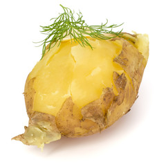 one boiled peeled potato with dill and butter isolated on white background cutout