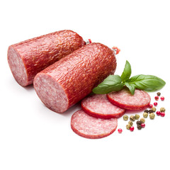 Salami smoked sausage, basil leaves and peppercorns isolated on white background cutout