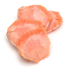 smoked salmon segments isolated on white background cutout. Prepared fish fillet fibres.