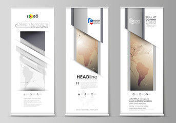 The minimalistic vector illustration of the editable layout of roll up banner stands, vertical flyers, flags design business templates. Global network connections, technology background with world map © Raevsky Lab
