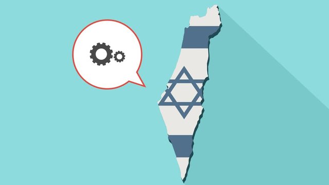 Animation of a long shadow Israel map with its flag and a comic balloon with a two spinning gears