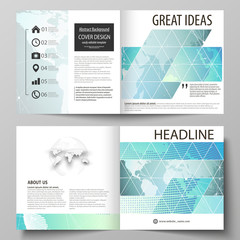 The vector illustration of the editable layout of two covers templates for square design bi fold brochure, magazine, flyer, booklet. Chemistry pattern, molecule structure, geometric design background.