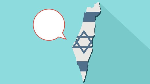 Animation of a long shadow Israel map with its flag and a comic balloon