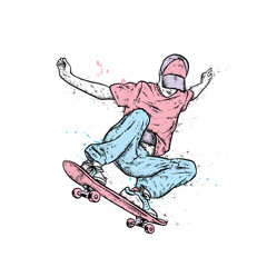 Stylish skater in jeans and sneakers. Skateboard. Vector illustration for a postcard or a poster, print for clothes. Street cultures.
