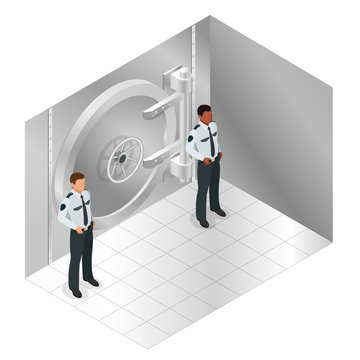 Closed Steel Bank Vault Door. Closed Door To The Bank S Storehouse And Two Guards. Vector Isometric Illustration.