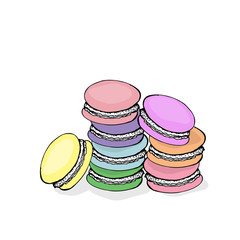 Stack of colorful macaron, macaroon almond cakes, sketch style vector illustration isolated on white background