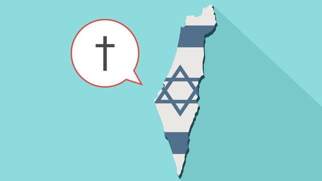 Animation of a long shadow Israel map with its flag and a comic balloon with christian cross