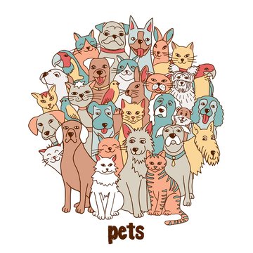 Group of hand drawn pets, like cats, dogs, birds, hamster, bunnies, standing in a circle