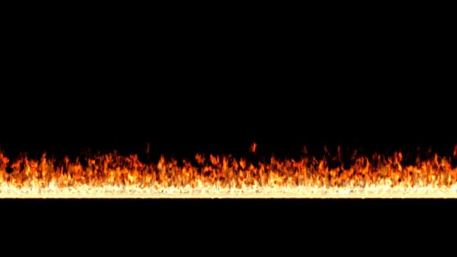 Animated straight horizontal thick line of fire on black background. Mask included.