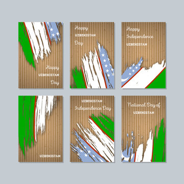 Uzbekistan Patriotic Cards for National Day. Expressive Brush Stroke in National Flag Colors on kraft paper background. Uzbekistan Patriotic Vector Greeting Card.