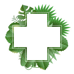 Decorative cross frame with palm leaves on white background. Exotic plants template. Vector illustration.