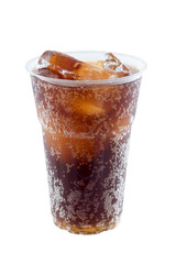 cola with ice in plastic glass on white background