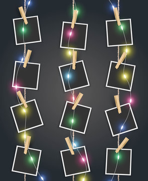 Photo frames with colorful Christmas fairy lights decoration Vector