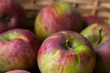  Natural ripe apples collected into a wicker basket standing in the sun
