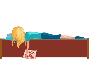 Blonde cartoon girl. Sad and tired girl on the bed. Print for polygraphy, posters and textiles