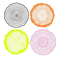 Tree rings. Set of cross section of the tree.Set of tree rings on isolation background. Conceptual graphics. Line art. Objects for design. Decorative style. Outline for printing, posters and other
