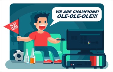 Football sport fan, yell, watching TV, and drink beer cool vector banner or poster illustration