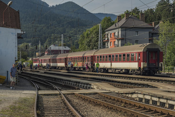 Obraz premium Red fast train in Slovakia station Ruzomberok