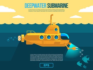 Submarine under water vector flat illustration, banner. poster or flyer cover/ Also as template cartoon move motion design
