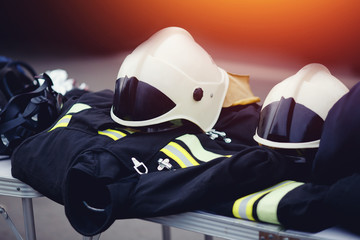 Clothes form for the fire brigade Fireman: helmet. Protection from fire.