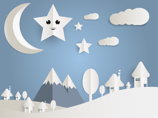 Landscape city of mushroom houses with moon, sky  with cloud Stars and mountains, paper art style.