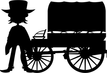 Cartoon Wild West Cowboy and Wagon Silhouette - 172900532