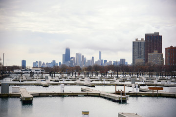 Chicago view in the fall from empty privet parking for boats