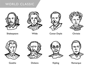 famous world writers, vector portraits, Shakespeare, Wilde, Conan Doyle, Christie, Goethe, Dickens, Kipling, Remarque